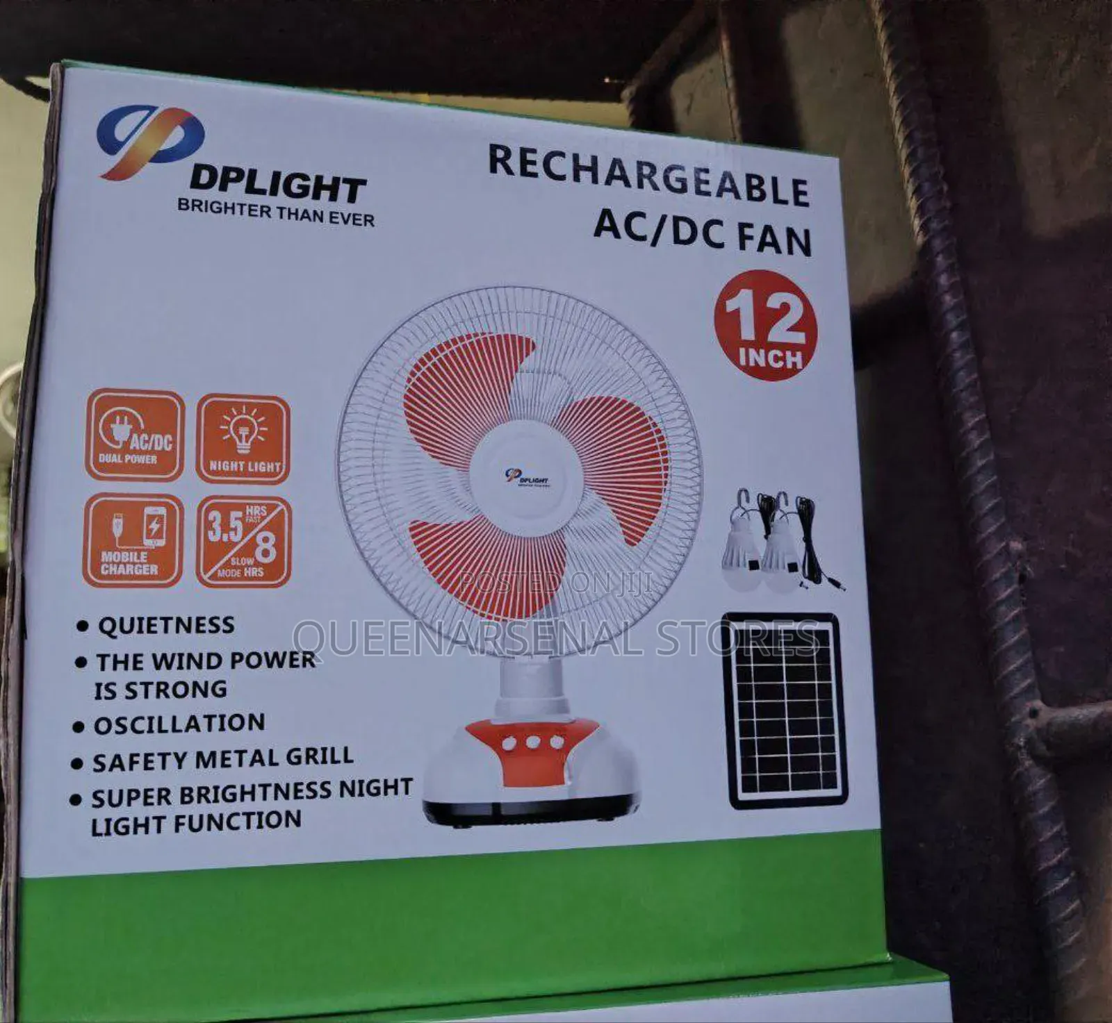Dplight 12" Rechargeable Fan With Solar Panel and Bulb
