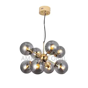 Gold and Smoky Glass Globe Sputnik Chandelier Light