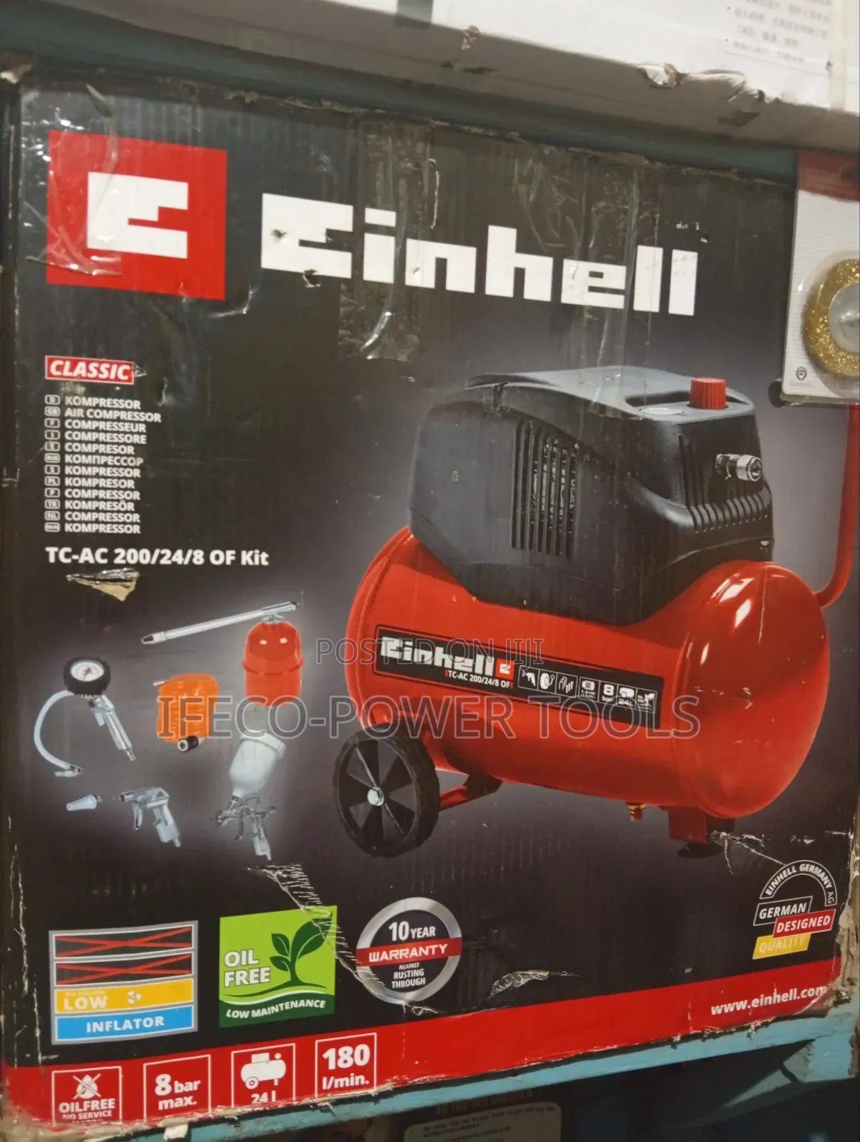 Einhell Compressor TE-AC 270/50/10 (1800 W, 10 bar, 50 L tank, olie gesmeerd, manometer en snelkoppeling, grote wielen, rubberen voet, wateraflaatplug, terugslagklep en veiligheidsventiel