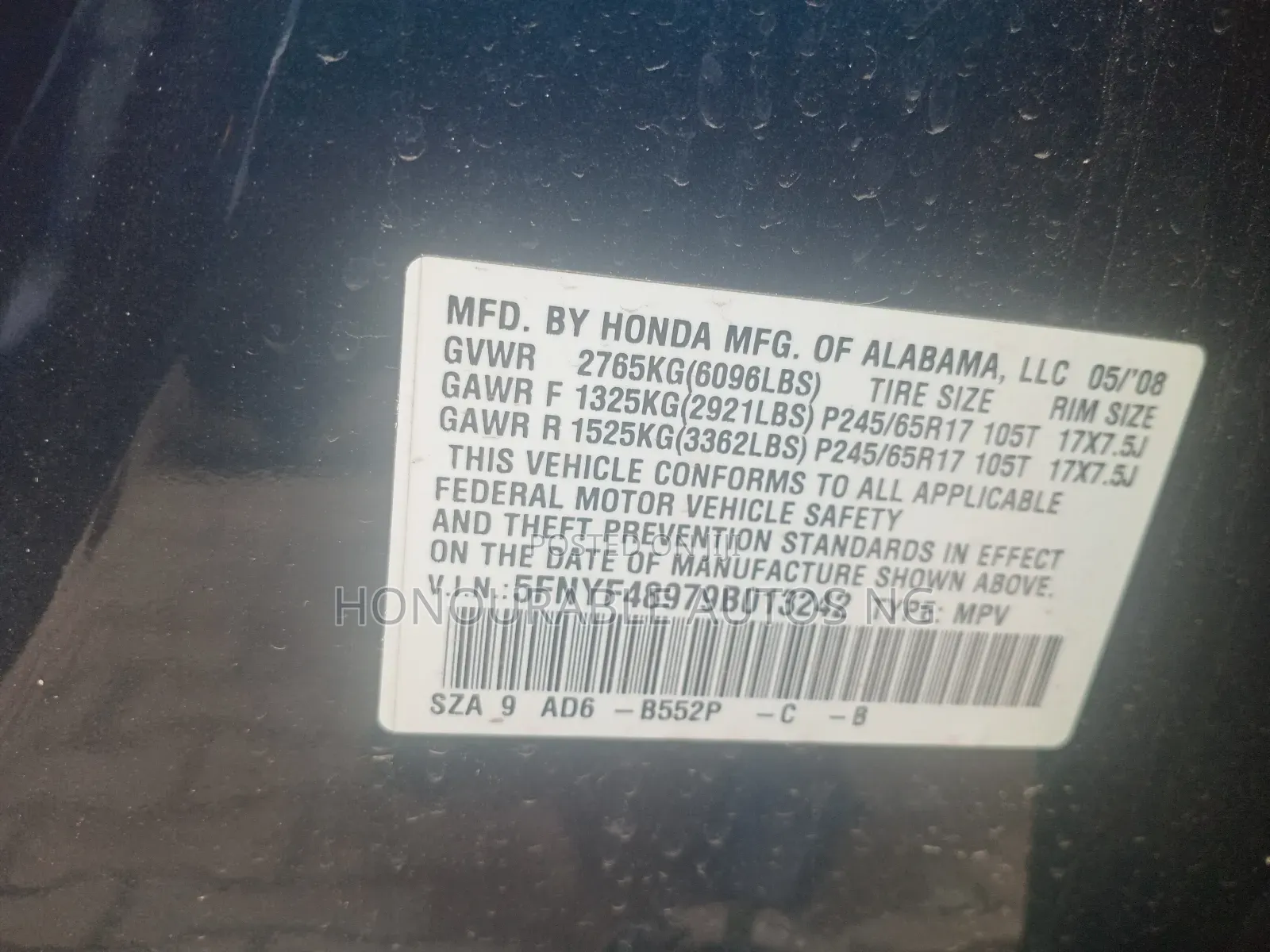 Honda Pilot SE 4x4 (3.5L 6cyl 5A) 2008 Black