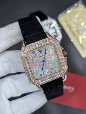 Santos De Cartier Ice Bezel Stones Genuine Leather Strap For Men's