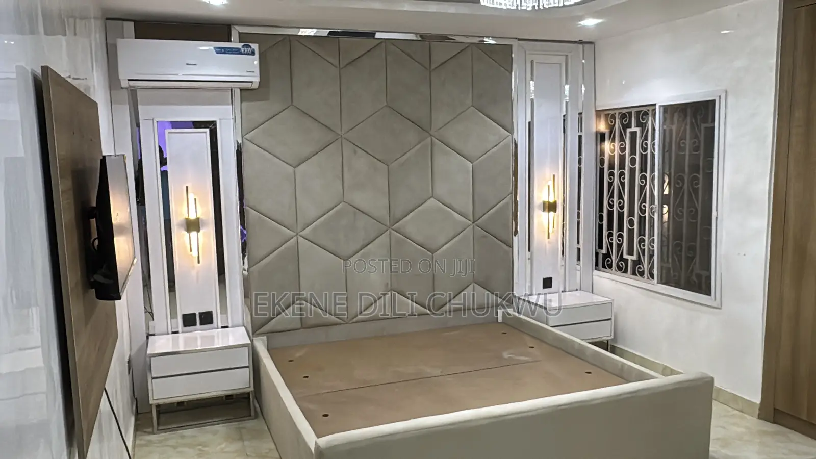 Modern Upholstered Bed With Geometric Padded Headboard