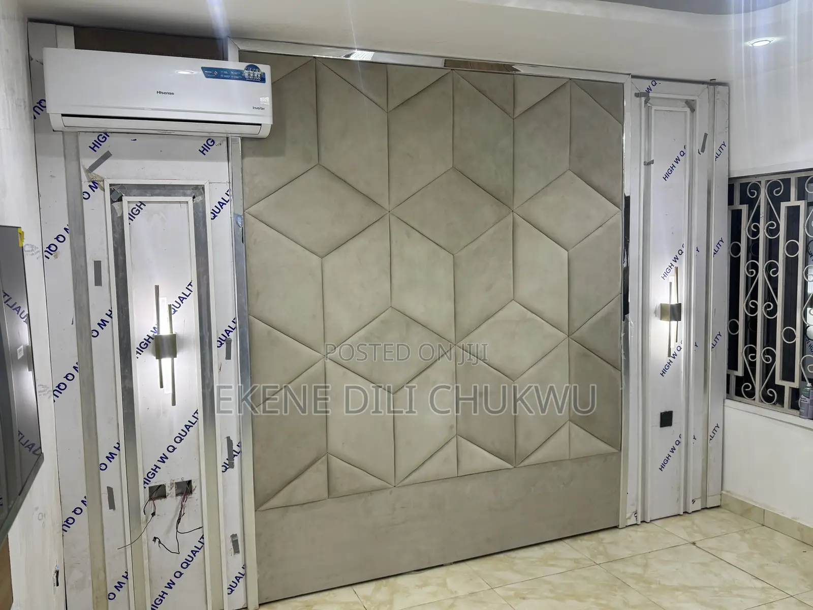Modern Upholstered Bed With Geometric Padded Headboard