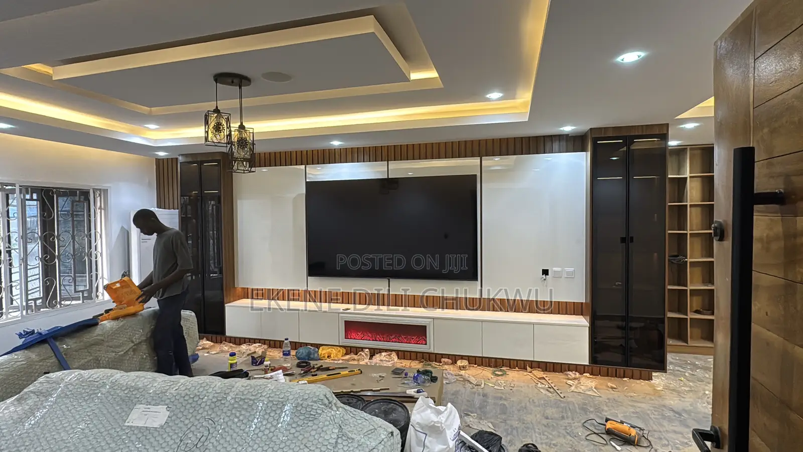 Modern Wall-Mounted Tv Panel With Fireplace Storage Cabinets