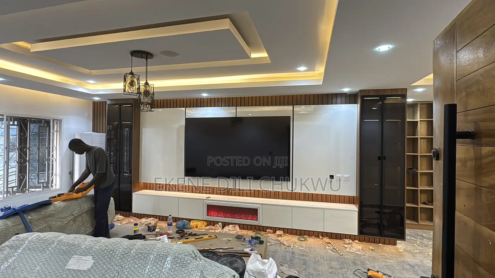 Modern Wall-Mounted Tv Panel With Fireplace Storage Cabinets