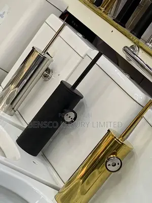 Wall Mounted Toilet Brush in Gold, Chrome, and Black Matte Finish.