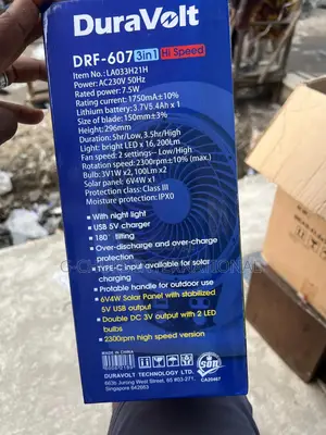 Duravolt 7'' Inches Rechargeable Table Fan + Solar Panel+ 2 Bulbs