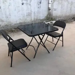 Modern Tempered Glass Table Set With Two Folding Chairs