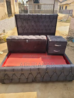 New Padded Bed Frame 4and Half by 6 With Ottoman and Side Drawer
