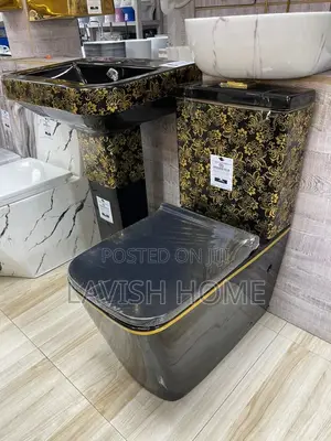Original Black and Gold Wc With Basin Set With Gold Design