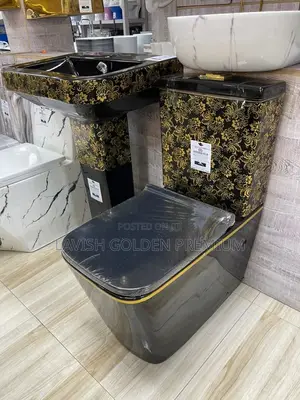 Original Black and Gold Wc With Basin Set With Gold Design