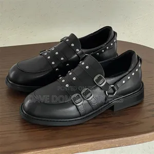 Black Leather Buckle Heeled Loafers