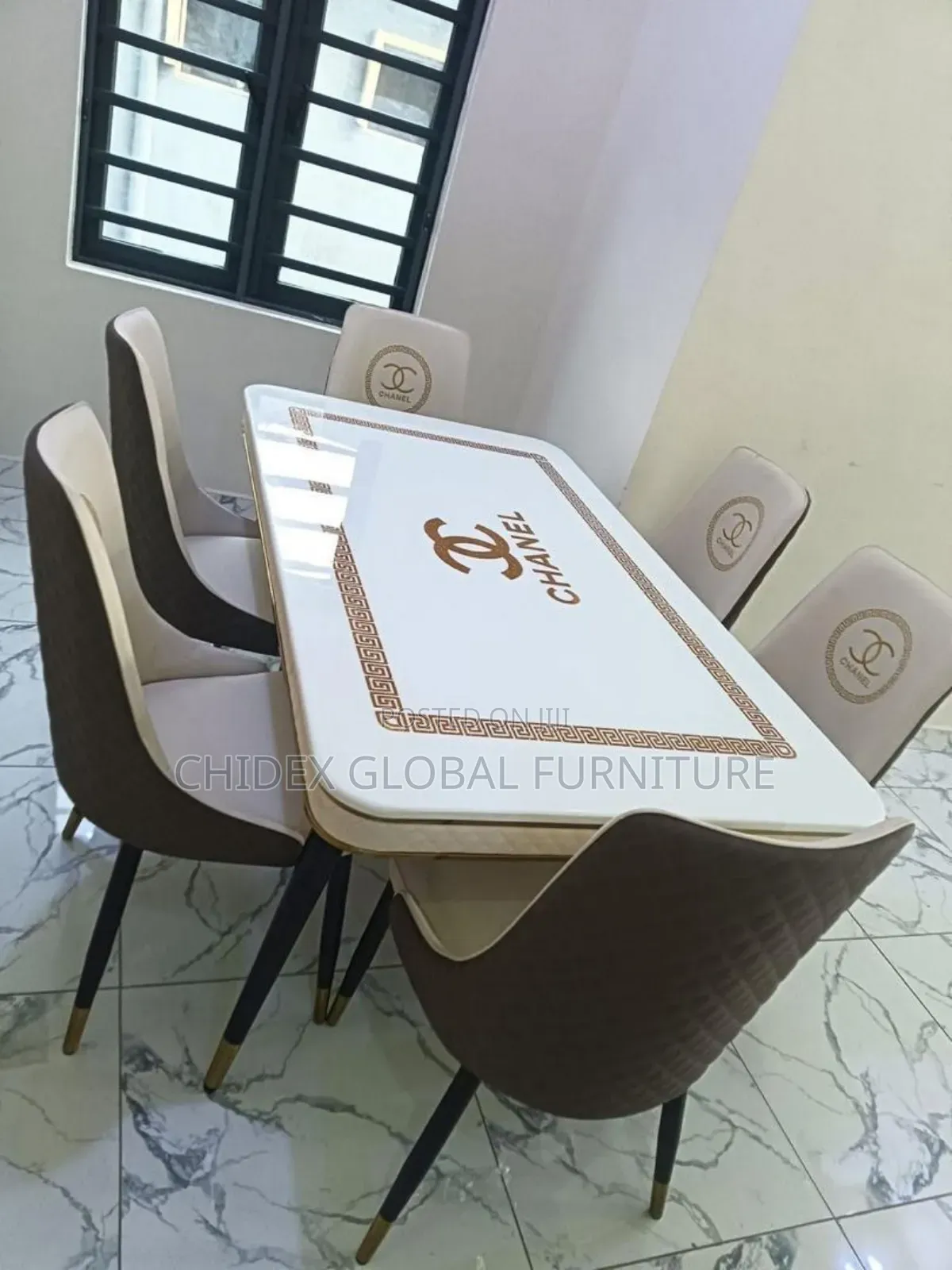 Chanel Logo Marble Dining Table With Chairs