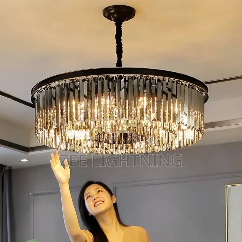 Led Round Black Crystal Chandelier With Remote Control