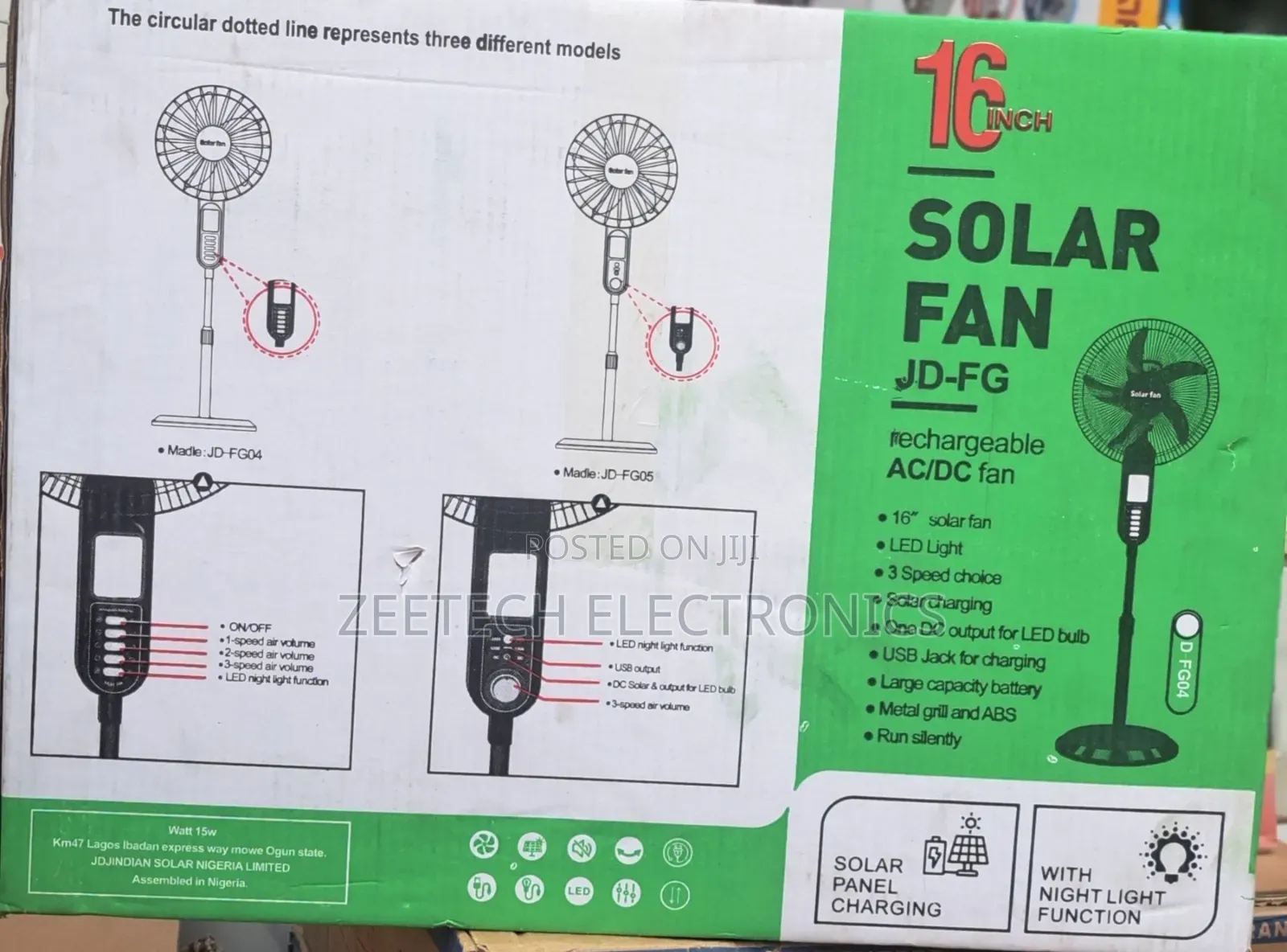 16" Jindia Solar Rechargeable Standing Fan