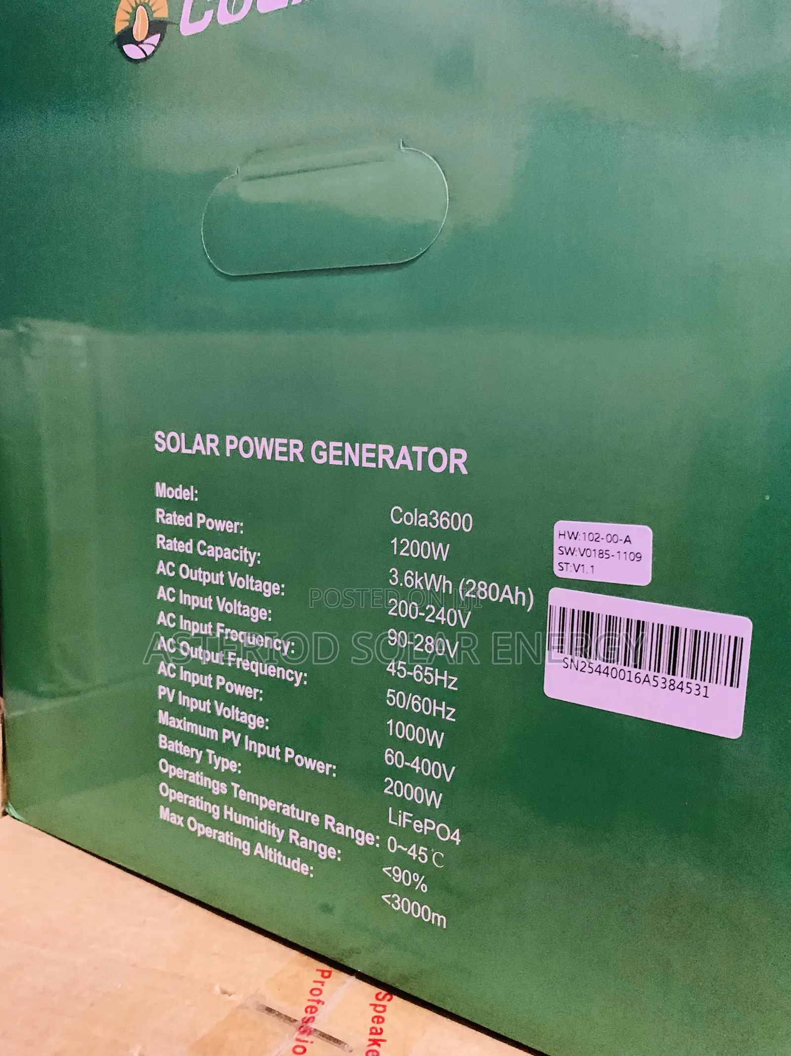 3.6kwh 48volts Cola Solar Power Generator