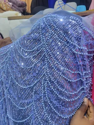Blue Beaded Lace Material - 6 Yards Only Available for Women's Dress