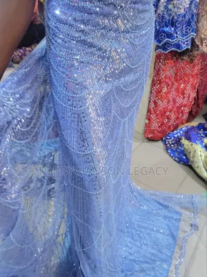 Blue Beaded Lace Material - 6 Yards Only Available for Women's Dress