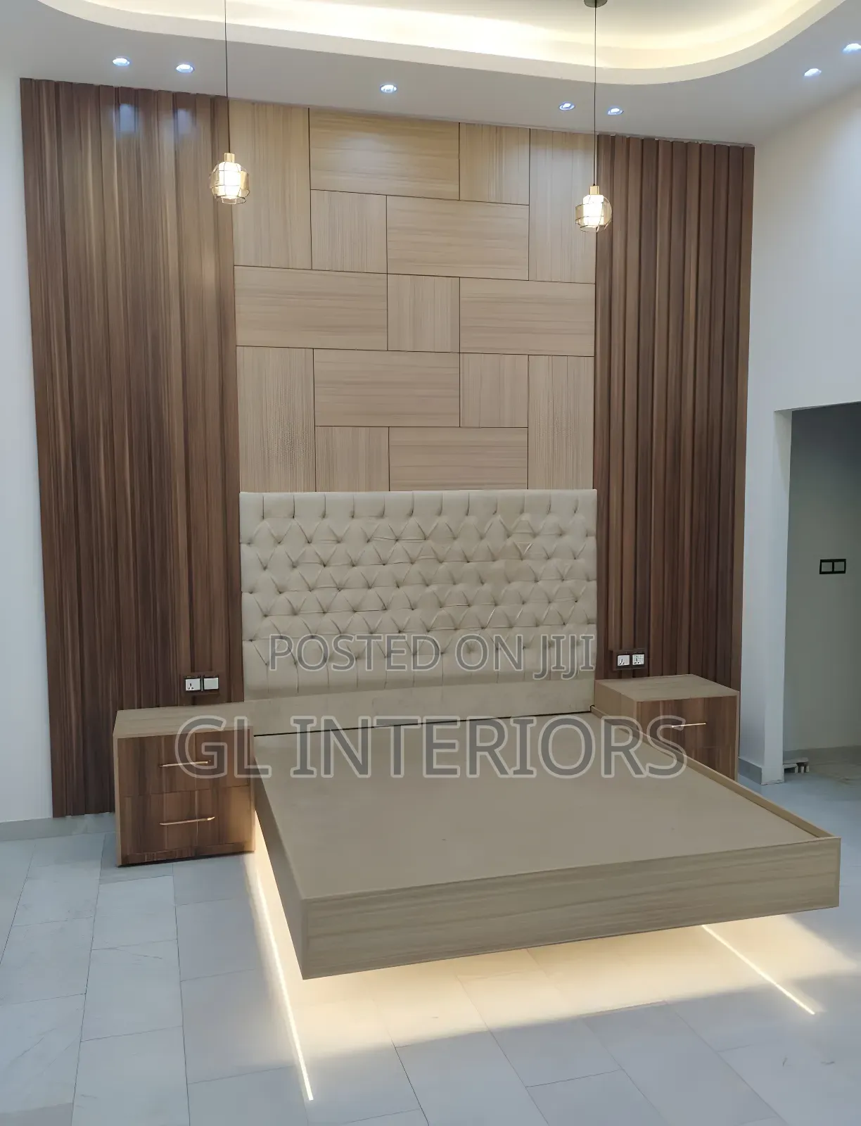 Floating Bedframe With Tufted Headboard, Wall Panels Led Lighting