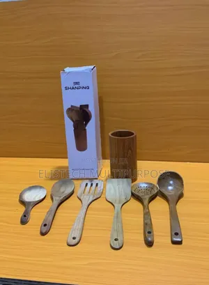 Shanping 7-Piece Natural Teak Wood Kitchen Utensil Set With Holder