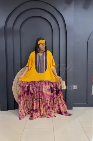 Exquisite Crepe and Adire Silk Flare Dress With Aso Oke