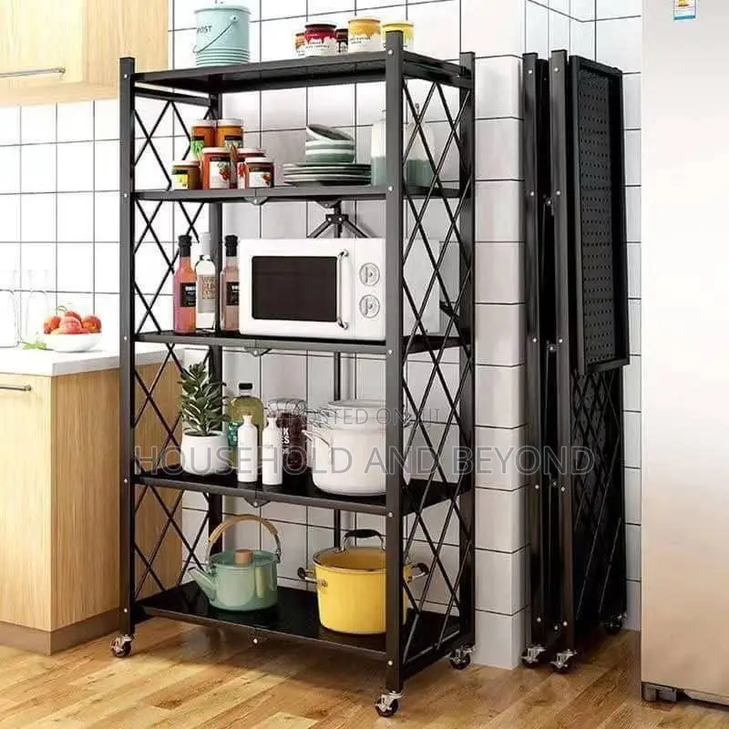 5-Tier Foldable Kitchen Storage Rack With Wheels - Kitchen Organizer