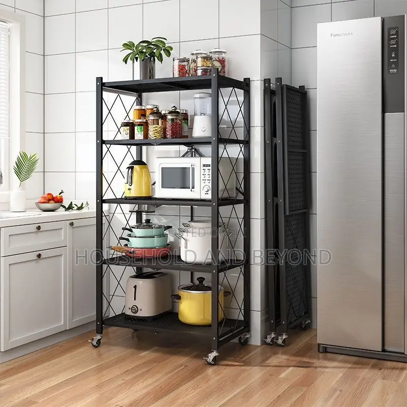 5-Tier Foldable Kitchen Storage Rack With Wheels - Kitchen Organizer