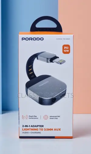 Porodo 2-in-1 Plug/Play Lightning to 3.5mm Aux Adapter With Hifi Sound