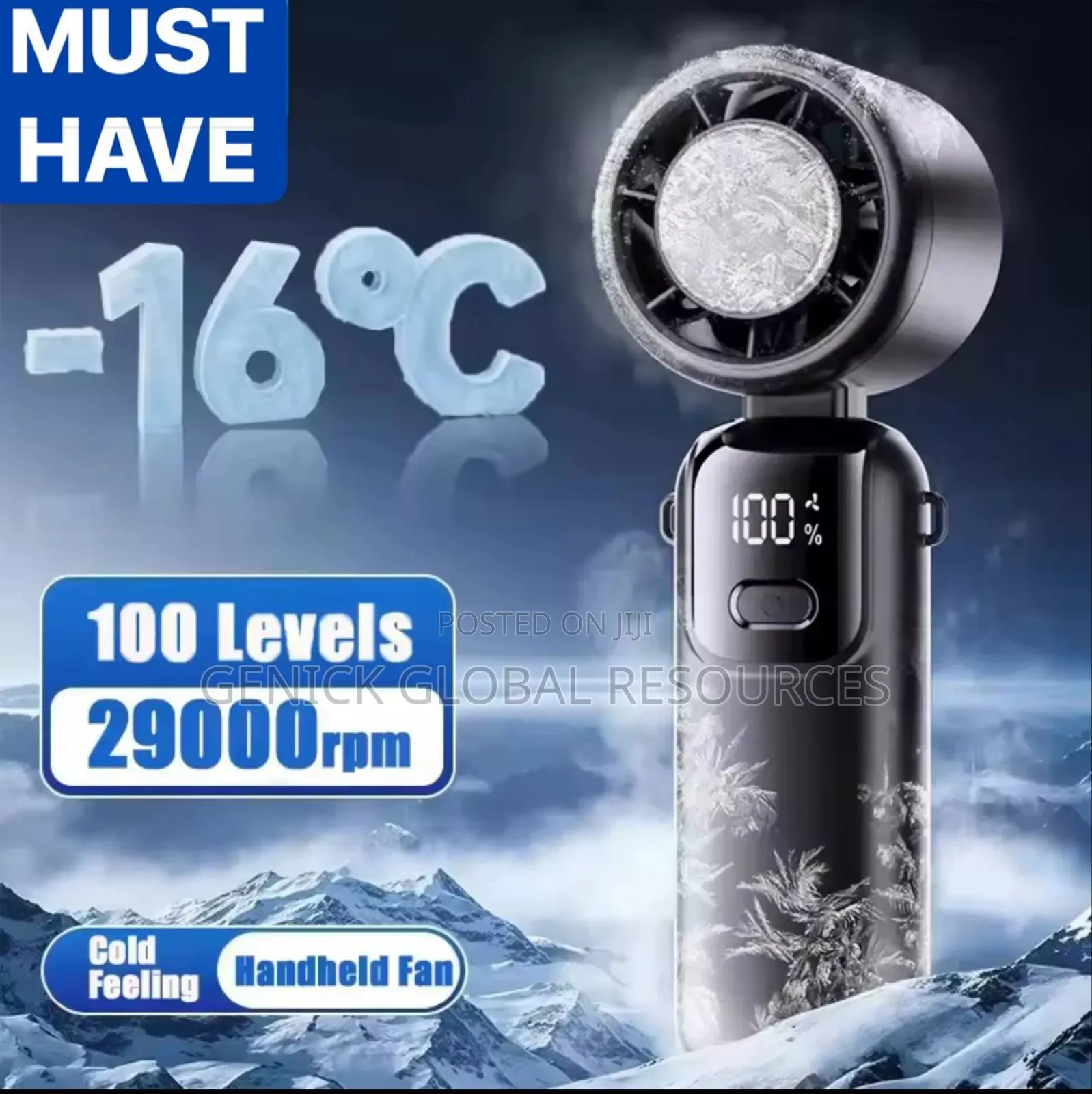 100-Speed Cooling Digital Display Rechargeable Handheld Fan (Foldable)