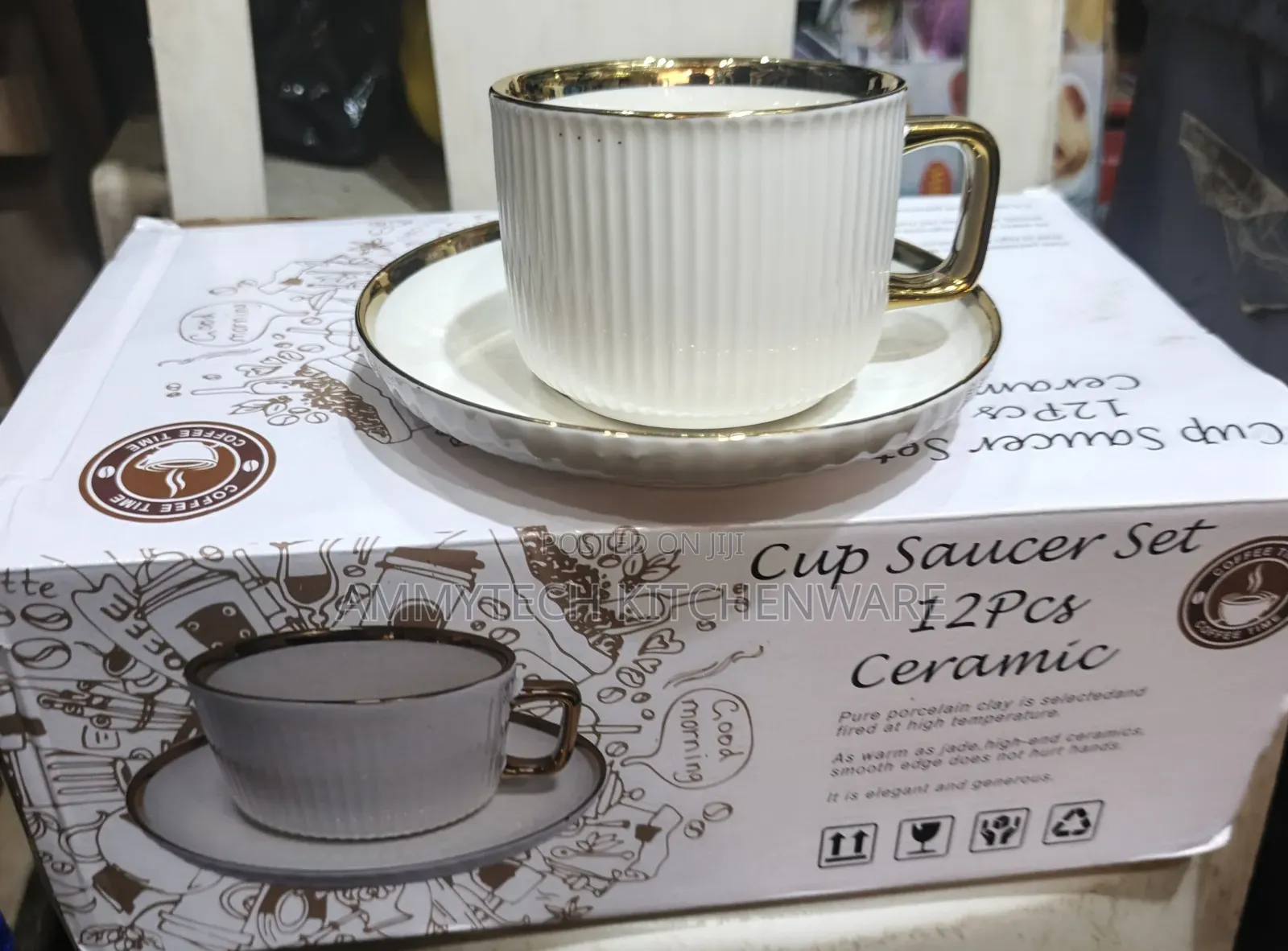 Unique White Gold Tea Cup and Saucers