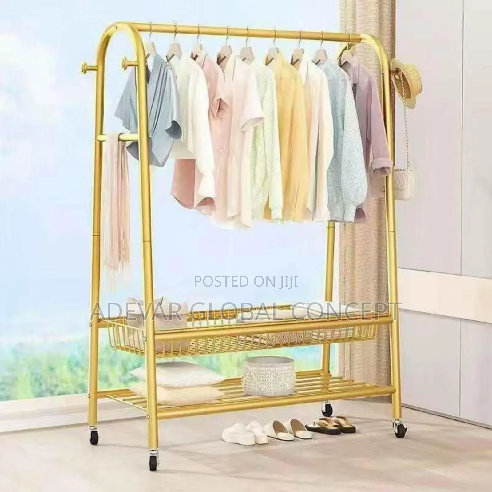 Golden Mobile Cloth Hanger With Storage Space