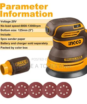 Ingco 20v Cordless Random Orbit Sander 125mm Brushless Motor