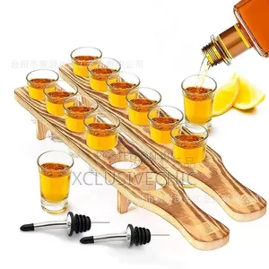 6 Holes Paddle Wooden Tequila Rack With Shot Glass