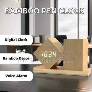 Bamboo Alarm Clock With Pen Holder