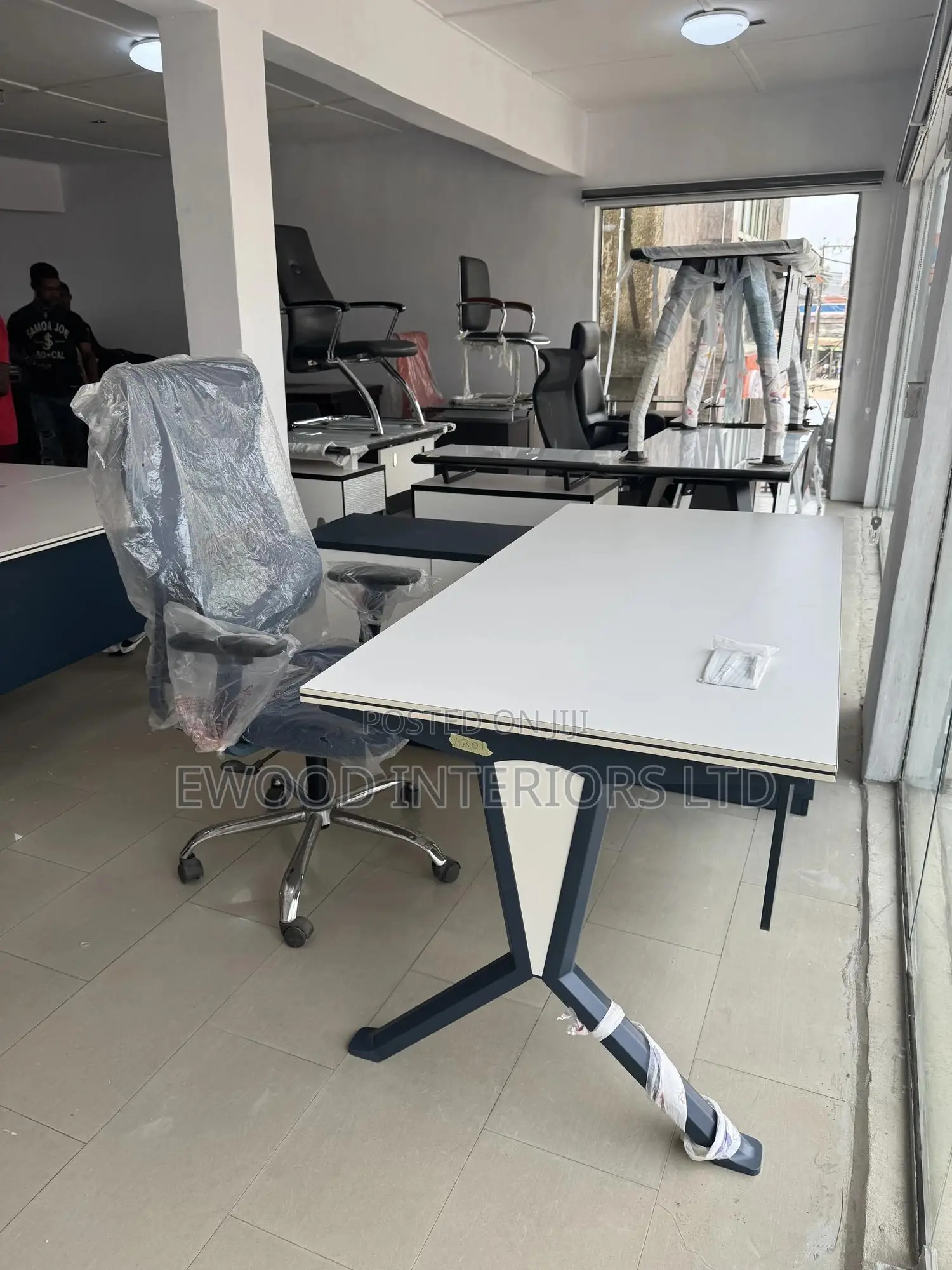 White And Blue Executive Office Table With Side Extensions