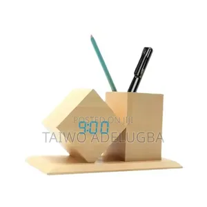 Bamboo Alarm Clock With Pen Holder