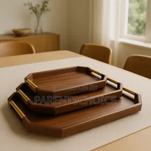 Wooden Serving Tray Set With Gold Handles (3-Piece)