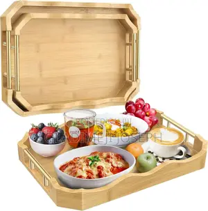 Quality 3in1 Bamboo Tray Set With Metal Gold Handle