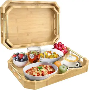 Quality 3in1 Bamboo Tray Set With Metal Gold Handle