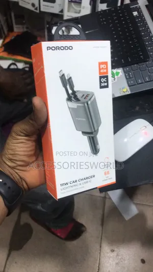 Porodo 111w Car Charger With Lightning Type-C Retractable Cables