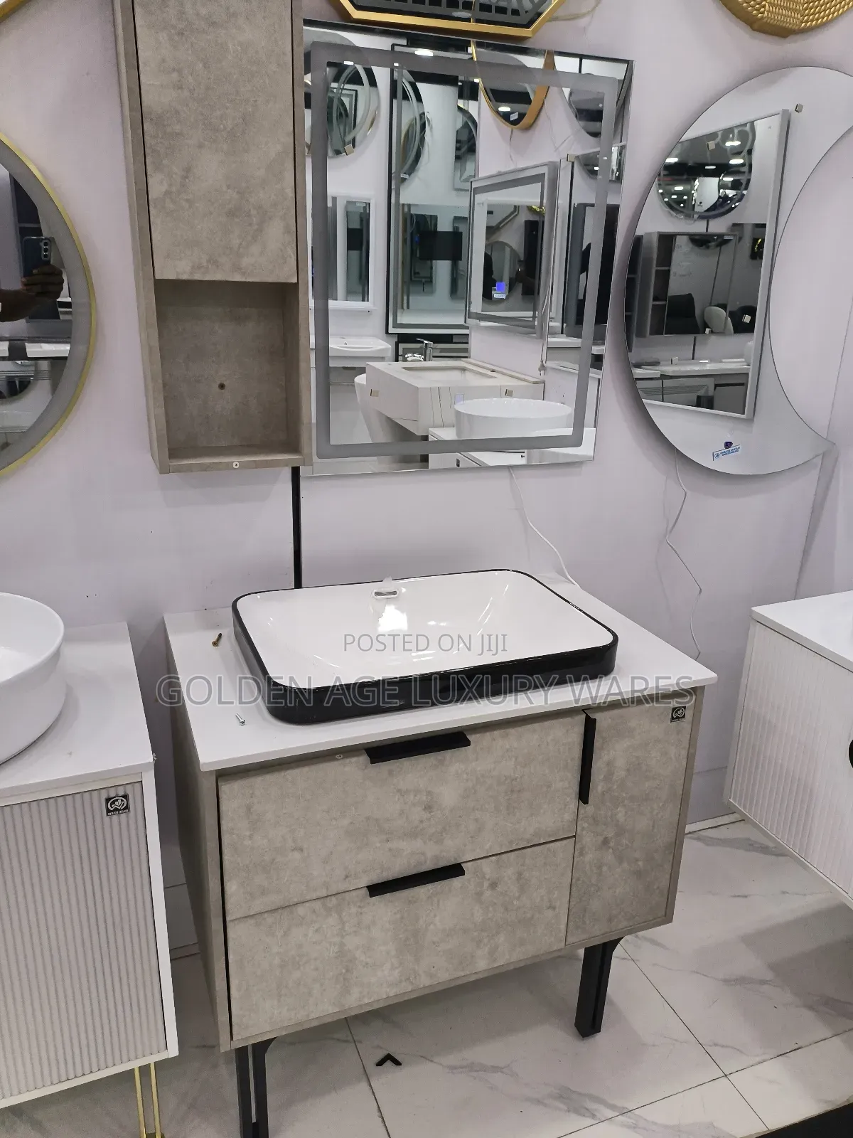 Beige Cabinet With Side Shelf and Mirror