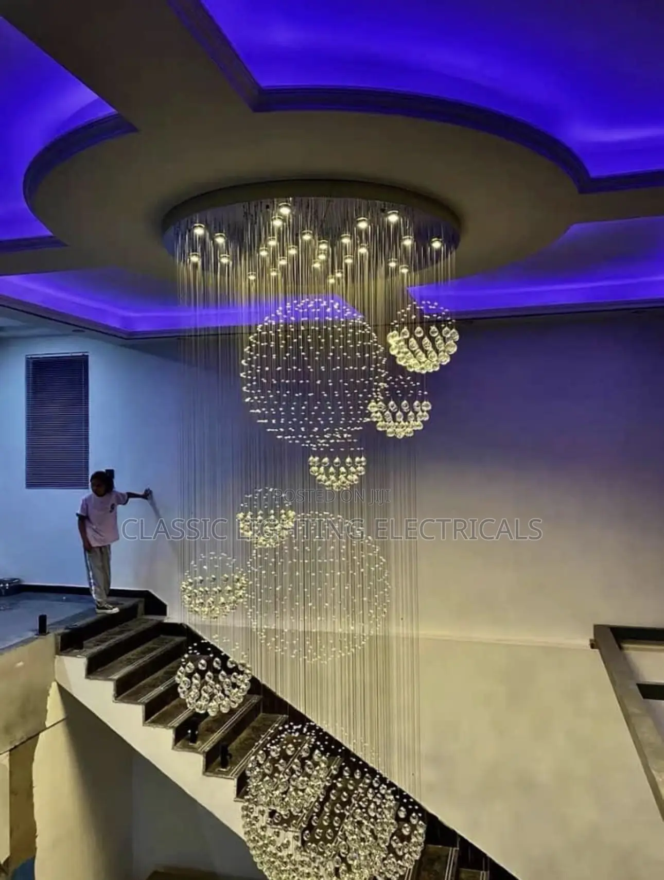 Double Floor Living Room Large Chandelier Simple Staircase Long Light