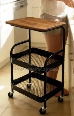 Rolling Kitchen Cart Wood Top - Heavy Duty Mesh Storage Trolley