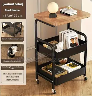 Rolling Kitchen Cart Wood Top - Heavy Duty Mesh Storage Trolley
