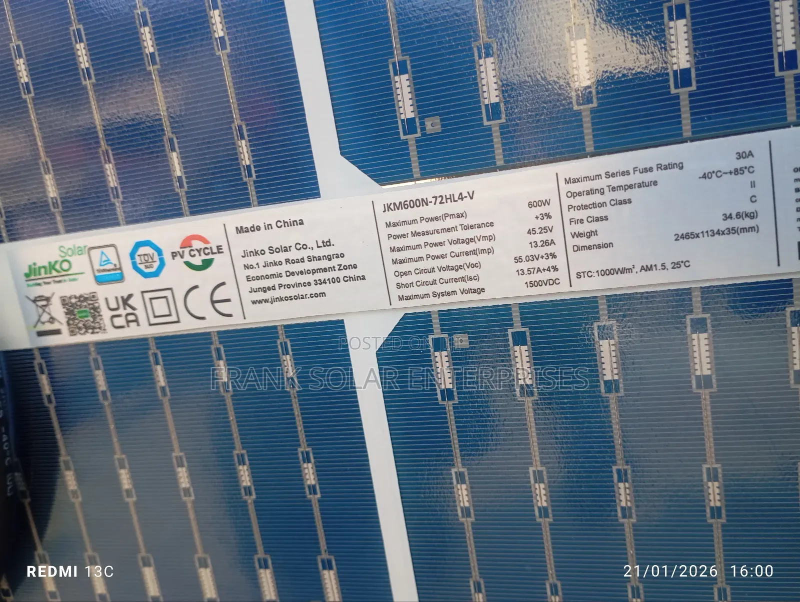 Jinko Solar Panel 600watts Solar