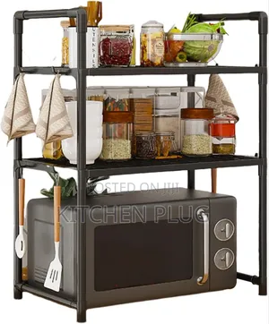 Black Metal Three-tier Microwave Oven Storage Rack.