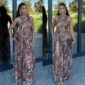Stylish Patterned Bodysuit High-slit Skirt, Two-piece Set