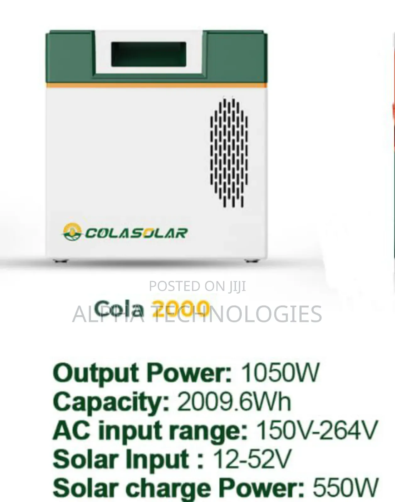 Cola Solar Generator 2kwh, 1kw Output Capacity