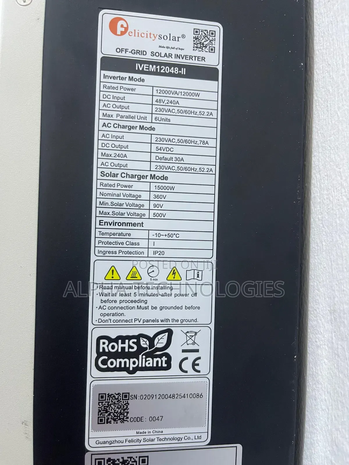 Felicity 12kva Hybrid Inverter With Inbuilt Wifi for sale - Alpha ...