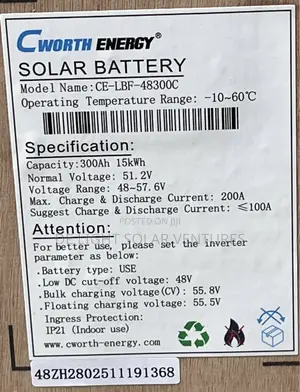 15kwh 51.2v 300ah Cworth Solar Lithium Ion Battery